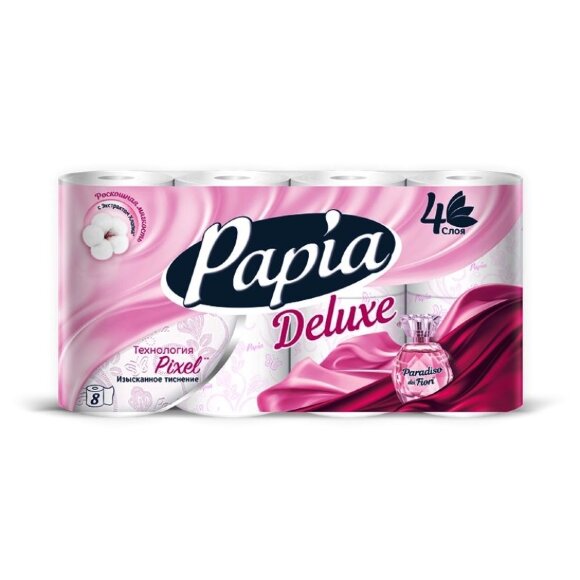 Бумага туалетная Papia DELUXE Парадизо4сл бел 100%ц втул 16,8м 140л 8рул/уп Бумага туалетная Papia DELUXE Парадизо4сл бел 100%ц втул 16,8м 140л 8рул/уп