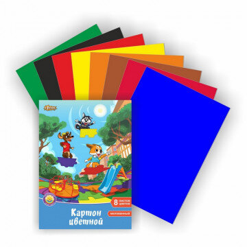 Картон цветной №1School 8л.8цв.А4 мелованный Шустрики в папке Картон цветной №1School 8л.8цв.А4 мелованный Шустрики в папке