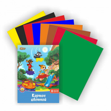 Картон цветной №1School 8л.8цв.А4 немелованный Шустрики в папке Картон цветной №1School 8л.8цв.А4 немелованный Шустрики в папке