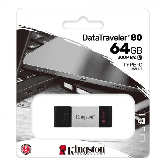 Флеш-память Kingston DataTraveler 80, USB-C 3.2 G1, сереб/чер, DT80/64GB Флеш-память Kingston DataTraveler 80, USB-C 3.2 G1, сереб/чер, DT80/64GB