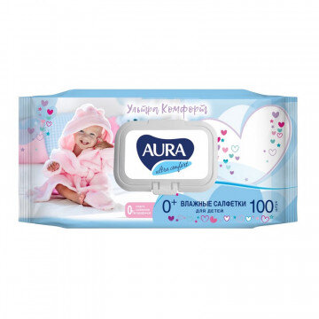 Салфетки влажные AURA для детей ULTRA COMFORT 100шт. с крышкой Салфетки влажные AURA для детей ULTRA COMFORT 100шт. с крышкой