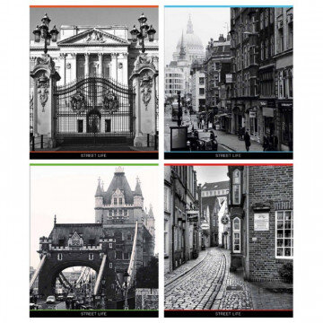 Тетрадь общая А5,96л,кл,скрепка, Улицы Лондона, 4 вида ТО96К9577/Э/6