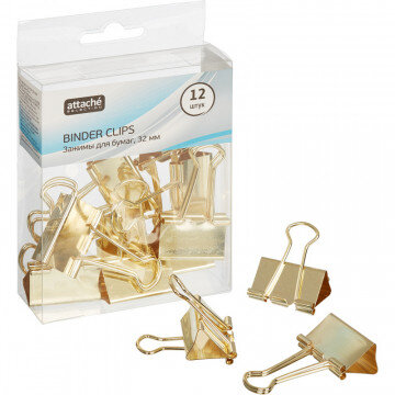 Зажим для бумаг Attache Selection, 32мм, золотые, 12 шт,пласт.уп.