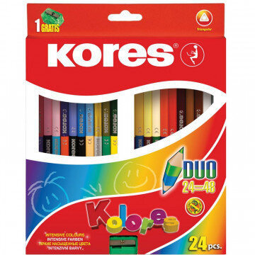 Карандаши цветные 48цв 24шт 3-гран,двустор с точилкой Kores 93224. Карандаши цветные 48цв 24шт 3-гран,двустор с точилкой Kores 93224.