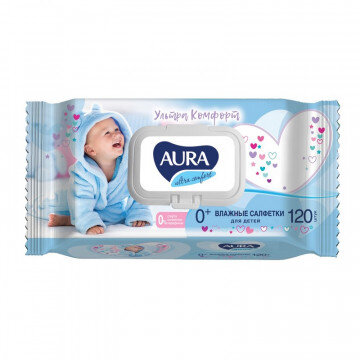 Салфетки влажные AURA для детей ULTRA COMFORT 120шт с крышкой 6474