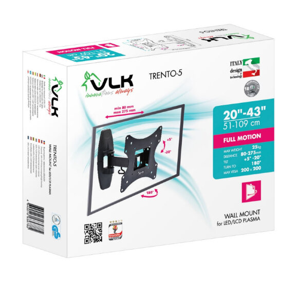 Кронштейн VLK TRENTO-5, TV 20-43, настенный, наклонно-поворотный, чер Кронштейн VLK TRENTO-5, TV 20-43, настенный, наклонно-поворотный, чер