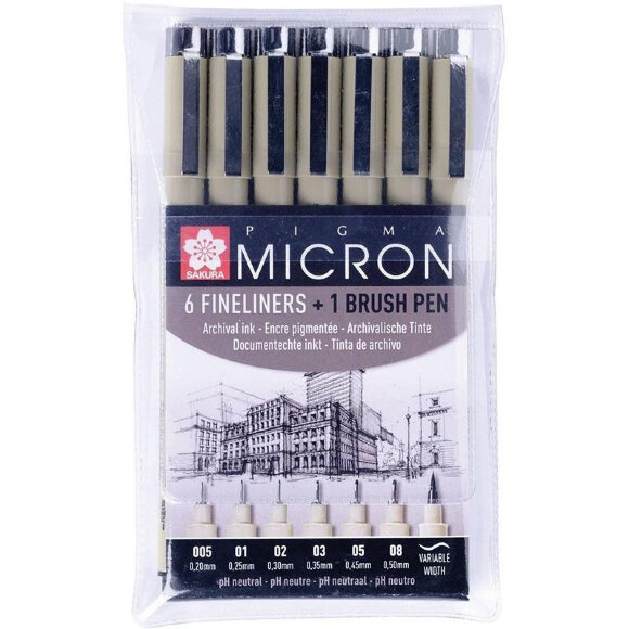 Набор капиллярных ручек Sakura Pigma Micron 6 + brush, POXSDK7B