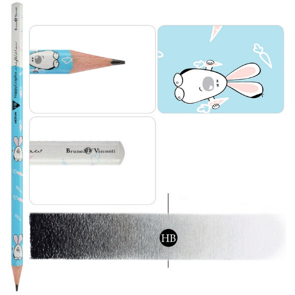 Карандаш чернографитовый happy graphix зайки HB, б/ластика, 21-0030/31