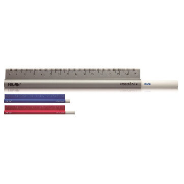 Линейка 15см Milan в комплекте с ластиком, металл, ассорти:син,сер,красн