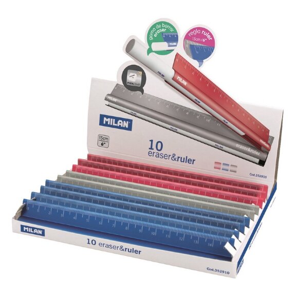 Линейка 15см Milan в комплекте с ластиком, металл, ассорти:син,сер,красн