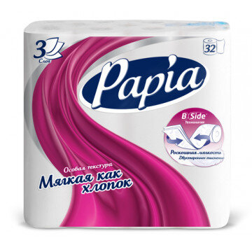 Бумага туалетная Papia 3сл бел 100%цел втул 16,8м 140л 32рул/уп Бумага туалетная Papia 3сл бел 100%цел втул 16,8м 140л 32рул/уп