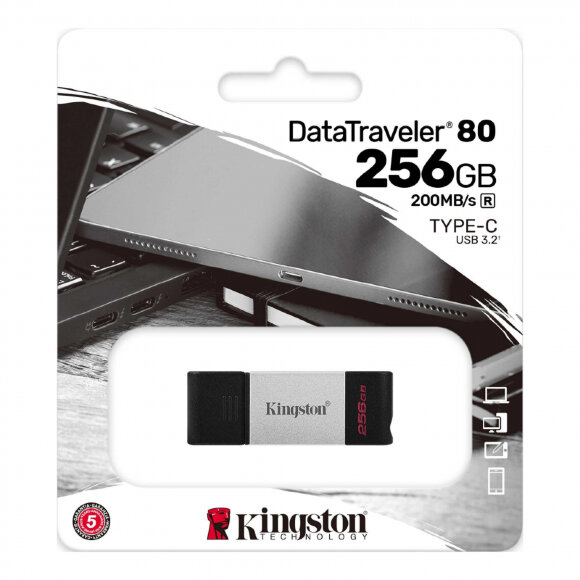 Флеш-память Kingston DataTraveler 80, USB-C 3.2 G1, сереб/чер, DT80/256GB Флеш-память Kingston DataTraveler 80, USB-C 3.2 G1, сереб/чер, DT80/256GB