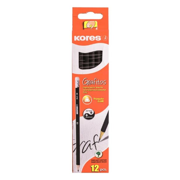Карандаш чернографитный Kores шестигранный HB с ластиком