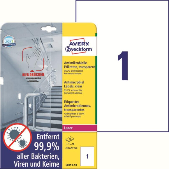 Этикетки антимикробные,прозрачные,L8011-10,L+CL+K,210х297 мм,10л /10 шт